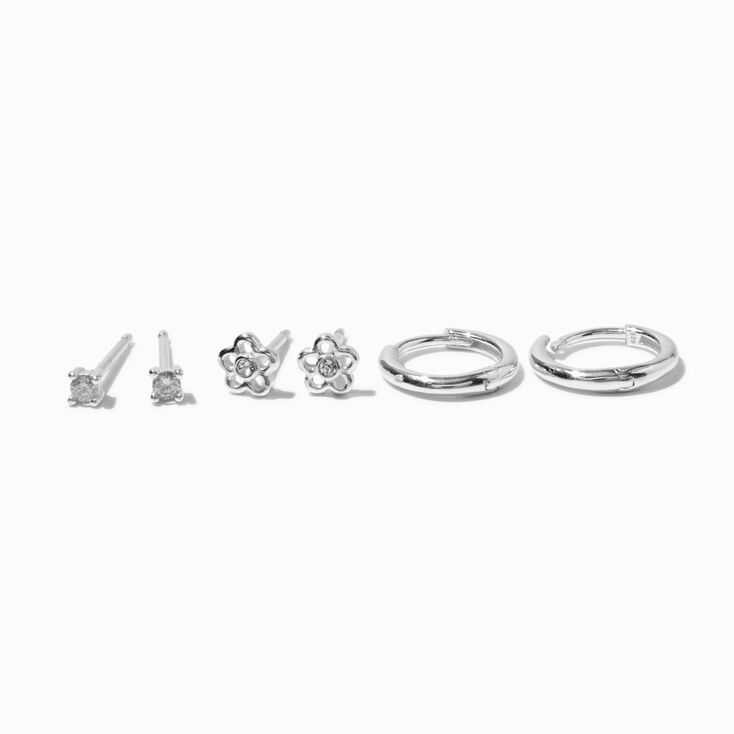 C LUXE by Claire&#39;s Sterling Silver Crystal Hoop &amp; Flower Stackable Earrings - 3 Pack,