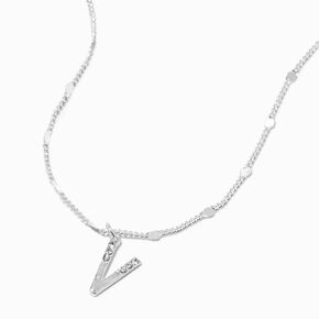 Silver Half Stone Initial Pendant Necklace - V,