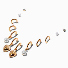 Gold-tone Heart Pearl Earring Stackables Set - 6 Pack,