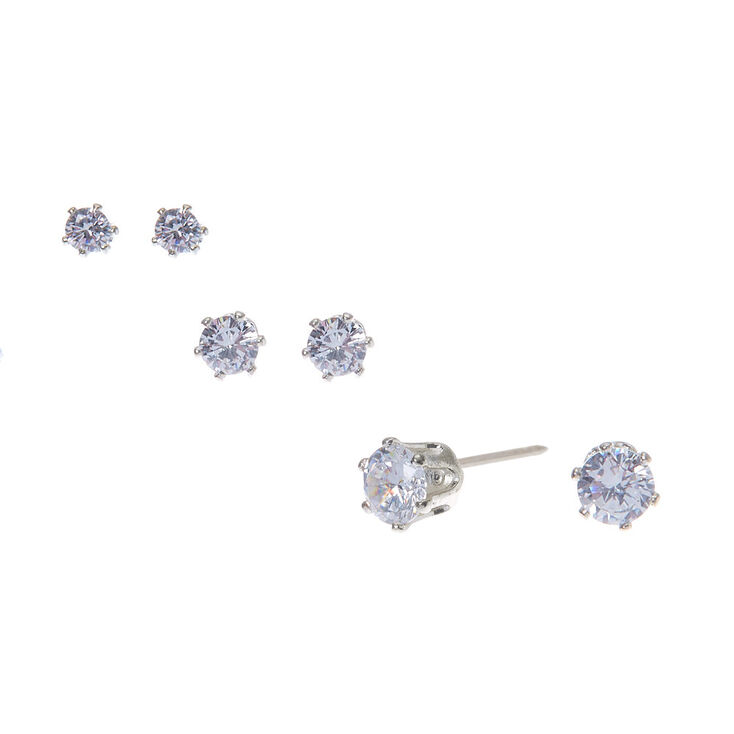 Silver-tone Cubic Zirconia 3MM, 4MM, 5MM Round Stud Earrings - 3 Pack,