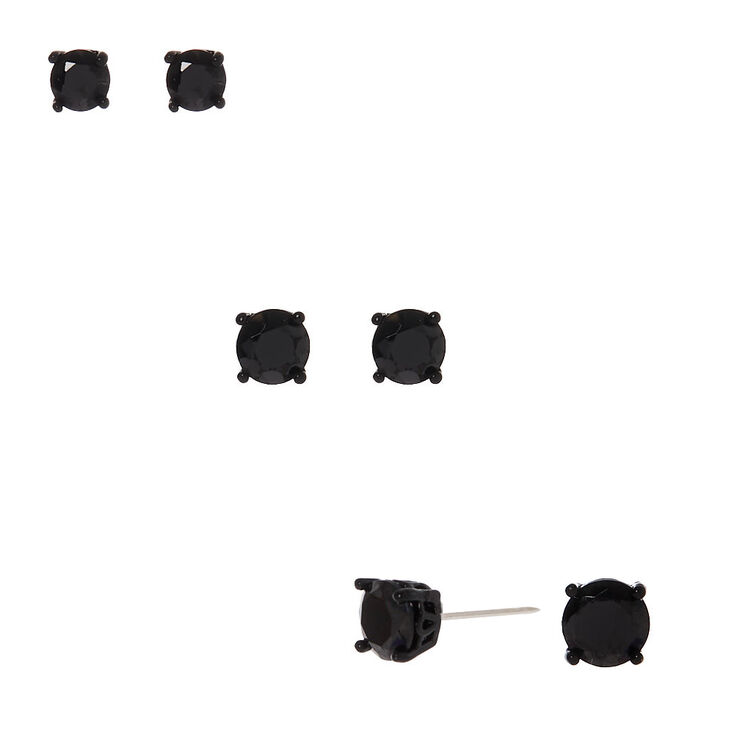 Black Cubic Zirconia 4MM, 5MM, 6MM Round Stud Earrings - 3 Pack ,