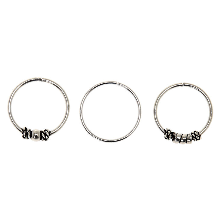 Sterling Silver 21G Bali Beaded Hoop Nose Rings - 3 Pack,