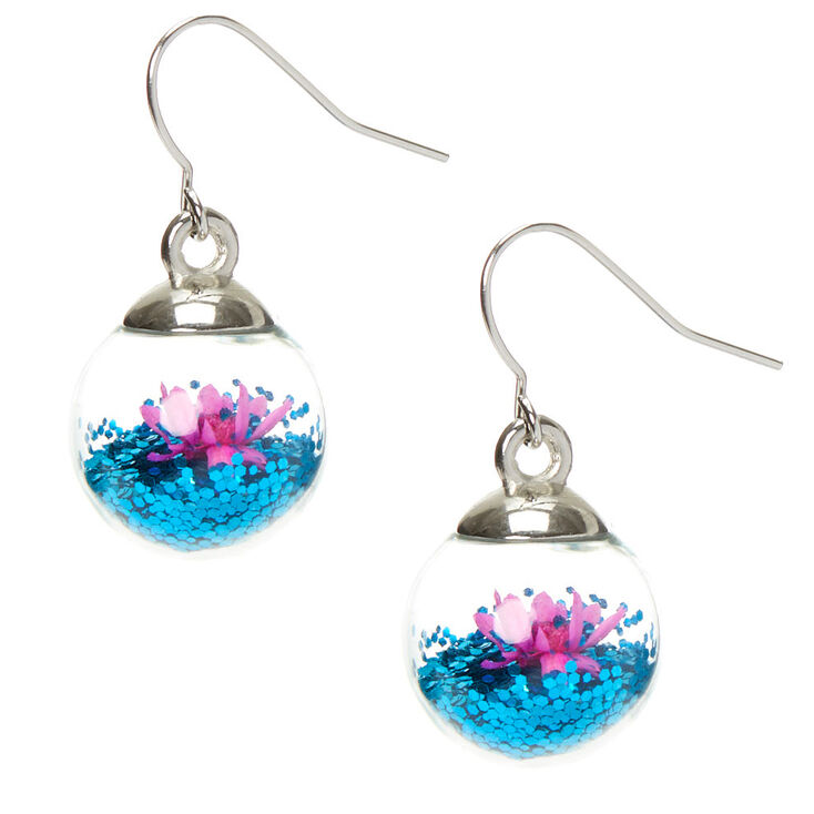 1&quot; Flower &amp; Glitter Globe Drop Earrings - Blue,