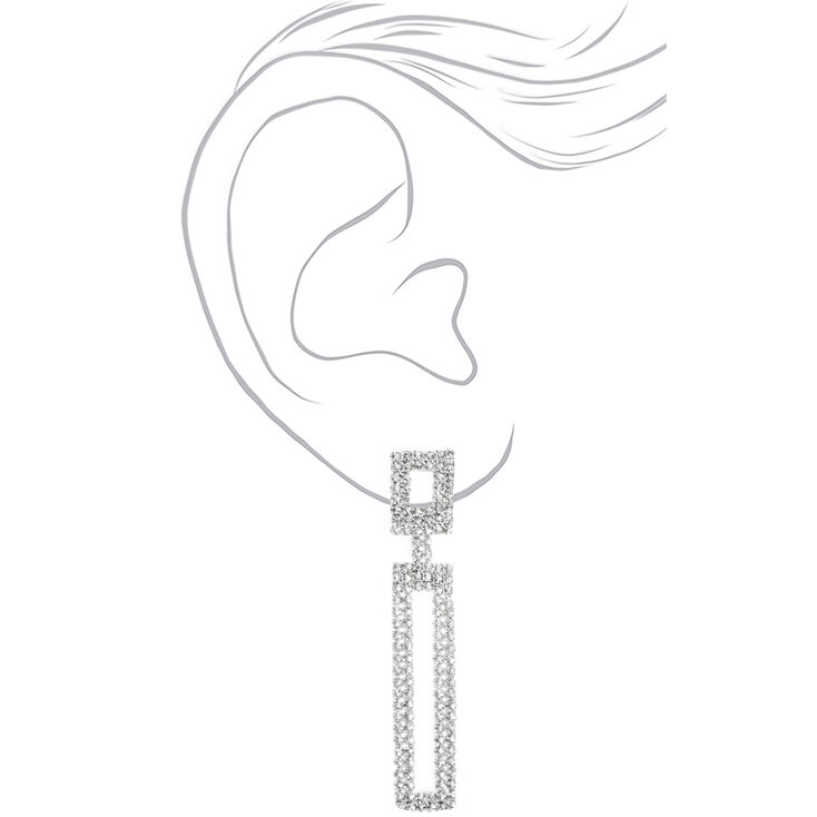 Silver 2&quot; Rhinestone Double Rectangle Drop Earrings,