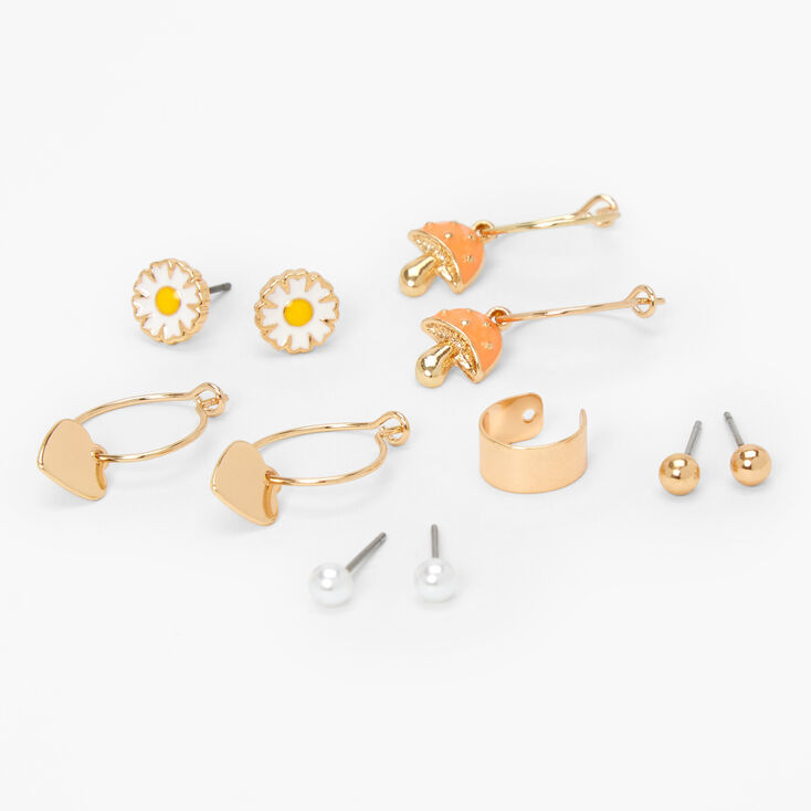 Gold Mushroom &amp; Daisy Cottagecore Mixed Earrings - 6 Pack,