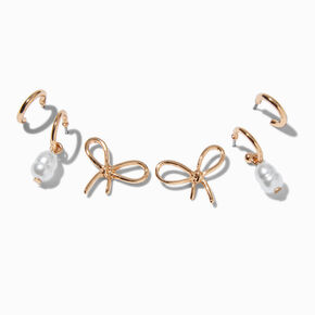 Gold-tone Knot Bow Pearl Earring Stackables Set - 3 Pack,