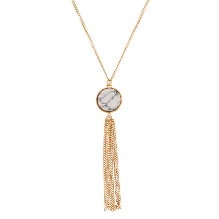 Gold Marble Long Pendant Necklace - White,