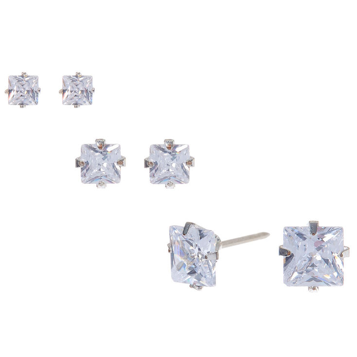 Silver-tone Cubic Zirconia 3MM, 4MM, 6MM Square Stud Earrings - 3 Pack ,