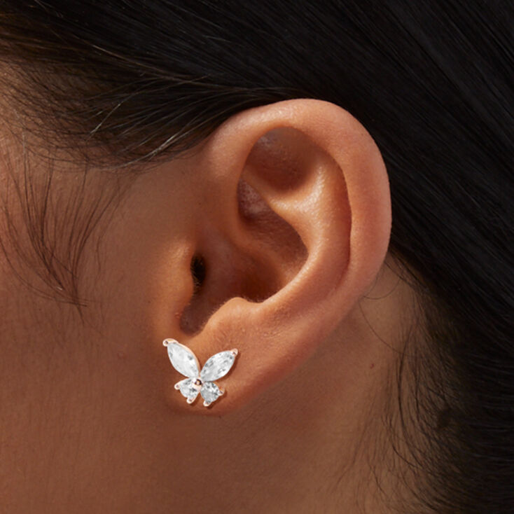 Rose Gold-tone Cubic Zirconia Butterfly Stud Earrings,