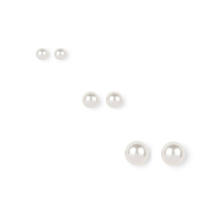 White Pearl 6MM, 7MM, 8MM Stud Earrings - 3 Pack,