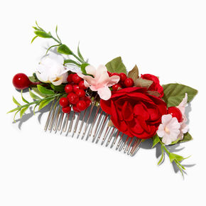 Red Flowers &amp; Greenery Hair Comb,