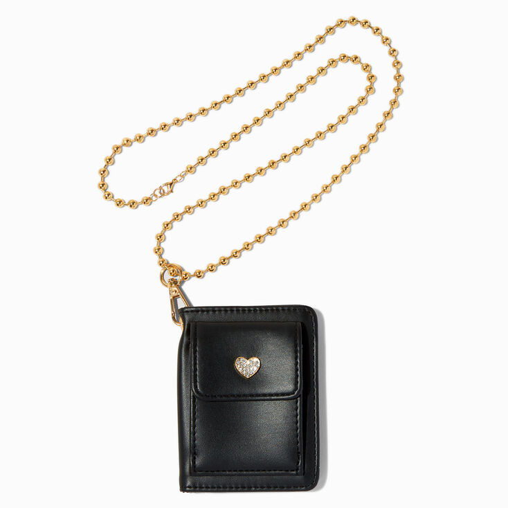 Crystal Heart Black Wallet with Gold-Tone Chain Lanyard,