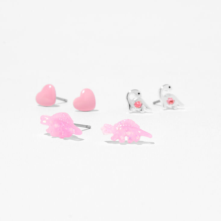 Pink Dinosaur Heart Stud Earrings &#40;3 Pack&#41;,
