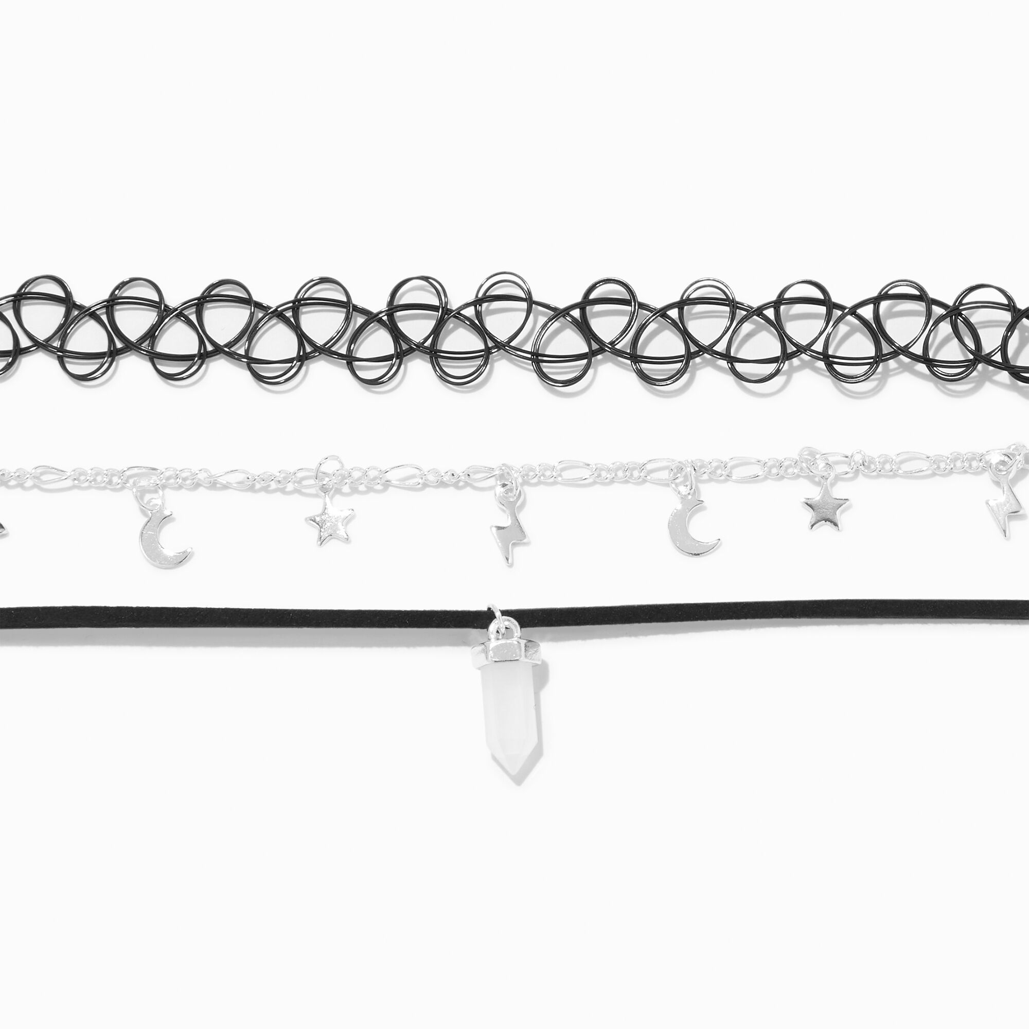 White Mystical Gem, Celestial, & Black Tattoo Choker Necklaces - 3 Pack,