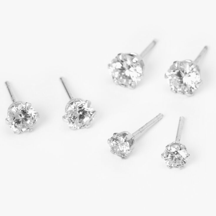 C LUXE by Claire&#39;s Sterling Silver Cubic Zirconia 4MM, 5MM, 6MM Round Stud Earrings - 3 Pack ,