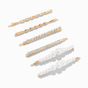 Gold Pearl &amp; Geometric Crystal Bobby Pins - 6 Pack,