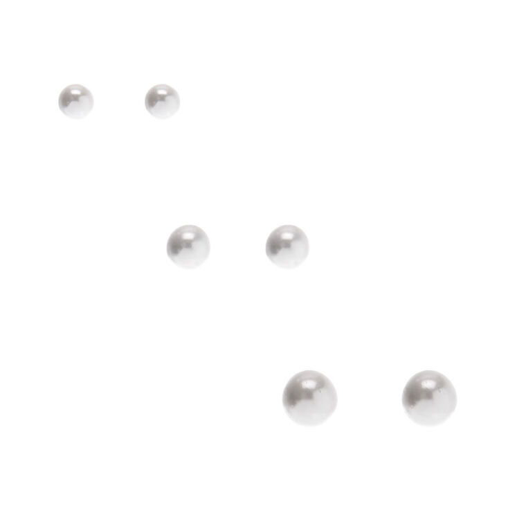 Graduated White Pearl Stud Earrings - 3 Pack,