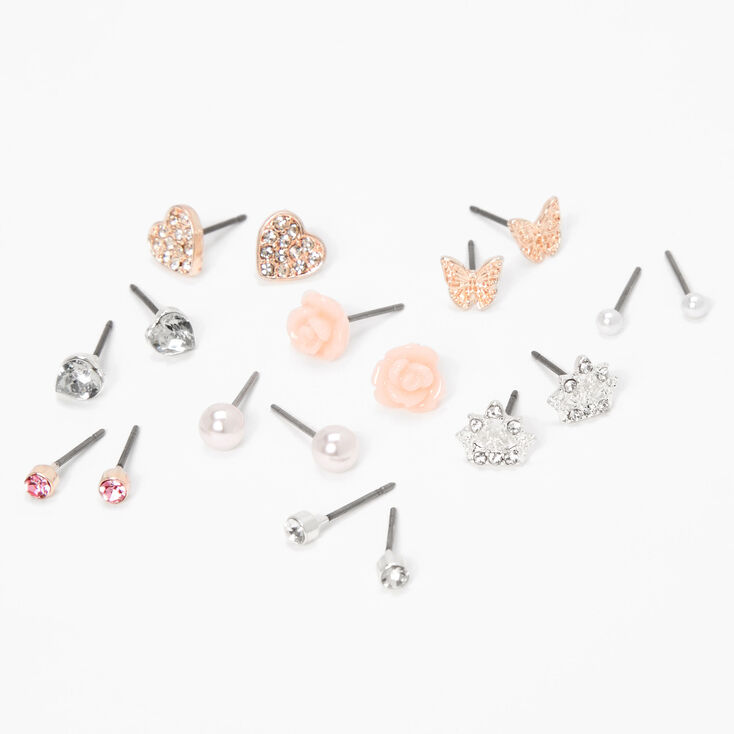 Pink Butterfly Heart Rose Stud Earrings - 9 Pack,