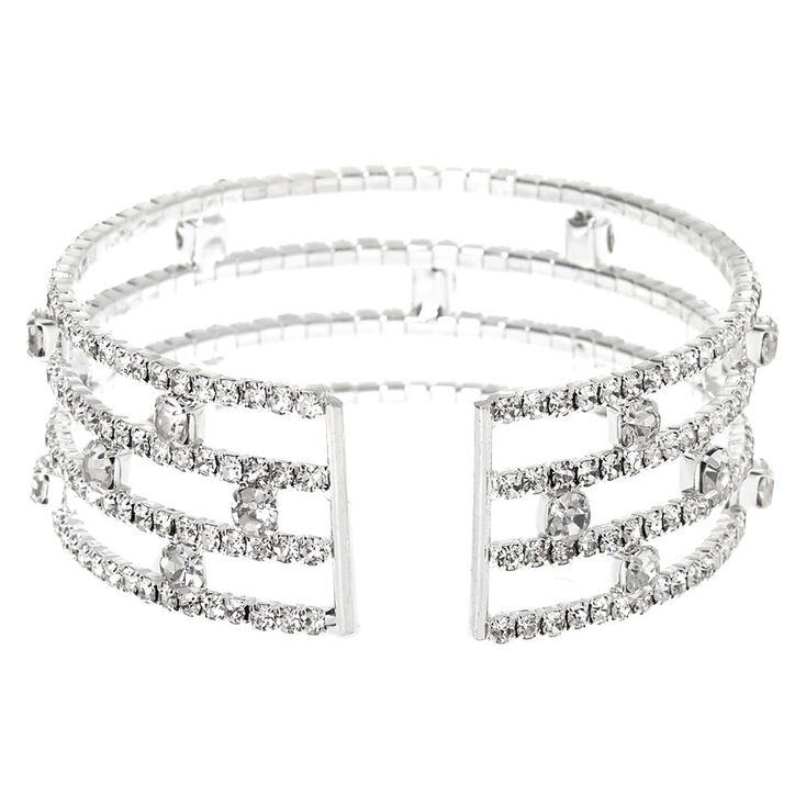 Silver-tone Rhinestone Stacked Cuff Bracelet,