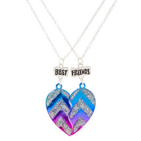 Best Friends Metallic Glitter Chevron Split Heart Pendant Necklaces,