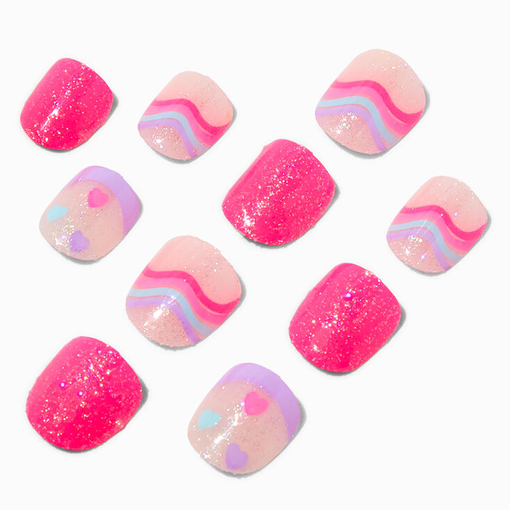Claire&#39;s Club Pink Squiggle Square Press On Vegan Faux Nail Set - 10 Pack,