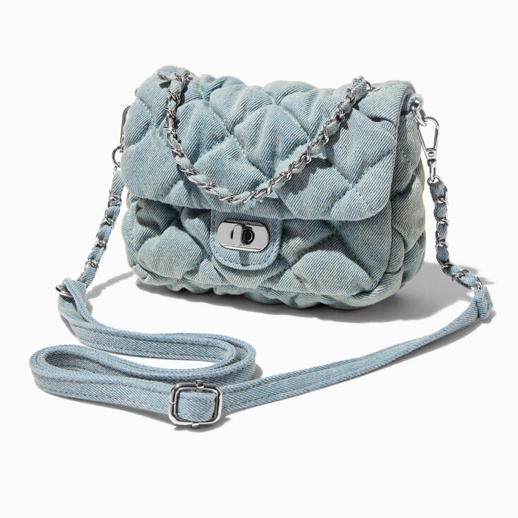 Denim Quilted &amp; Chain Crossbody Bag,