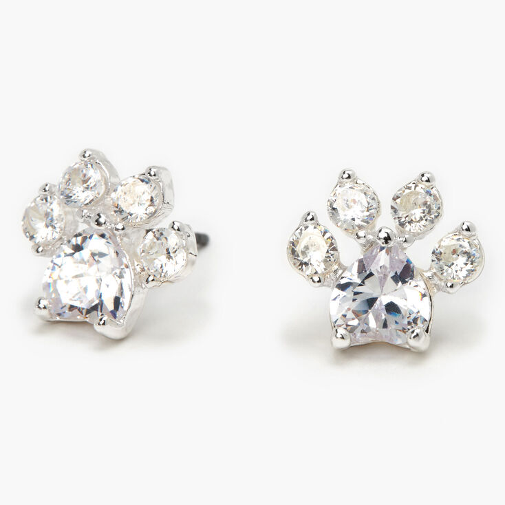 Silver-tone Cubic Zirconia 10MM Paw Print Stud Earrings,