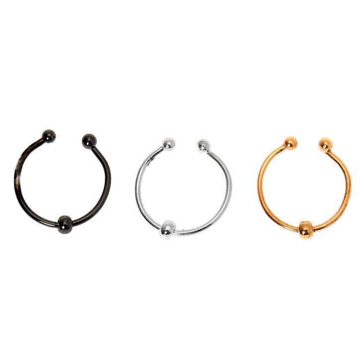 Mixed Metal Beaded Faux Hoop Nose Rings - 3 Pack,