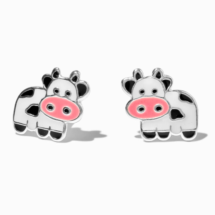 Sterling Silver Enamel Cow Stud Earrings,