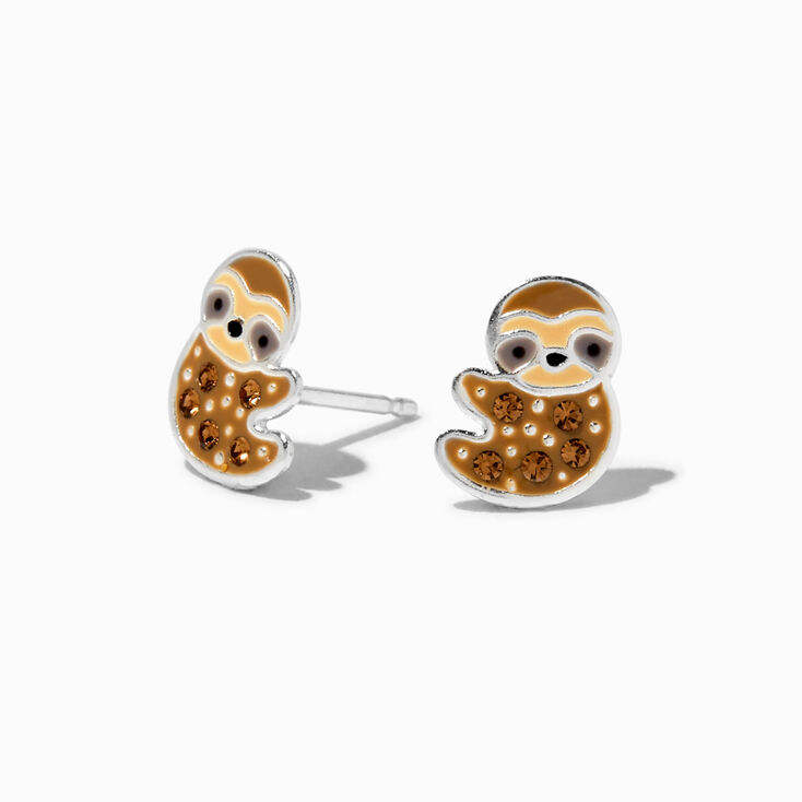 Sterling Silver Crystal Sloth Stud Earrings,