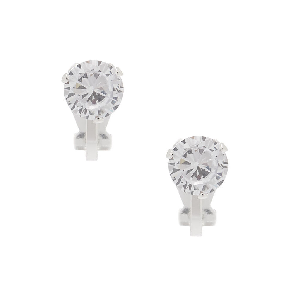 Silver-tone Cubic Zirconia Round 7mm Clip-On Earrings,