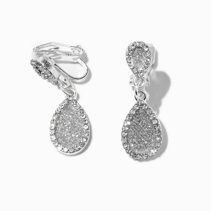 Silver-tone Tiny Glitter Teardrop Clip-on 1&quot; Drop Earrings,