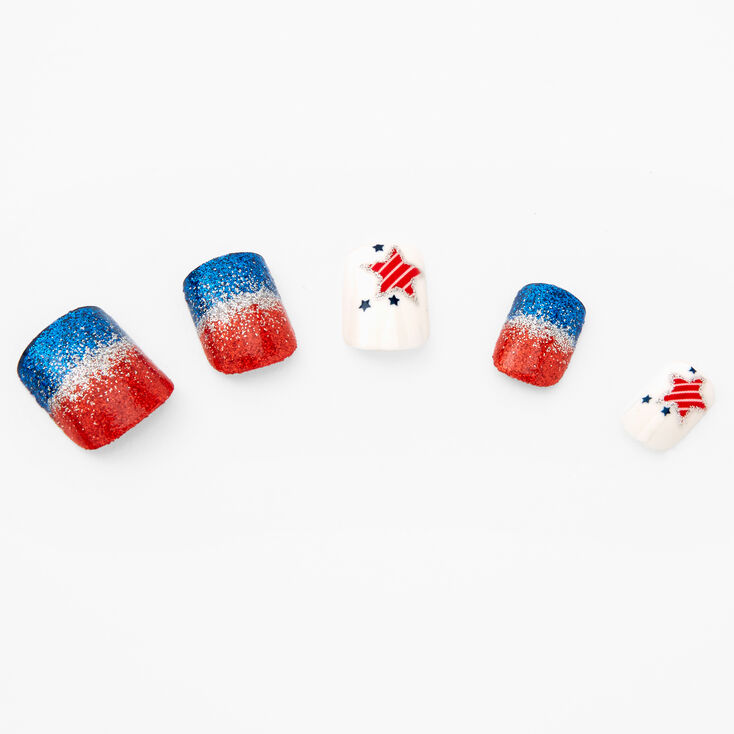 Stars &amp; Stripes Glittery Square Press On Faux Nail Set - 14 Pack,