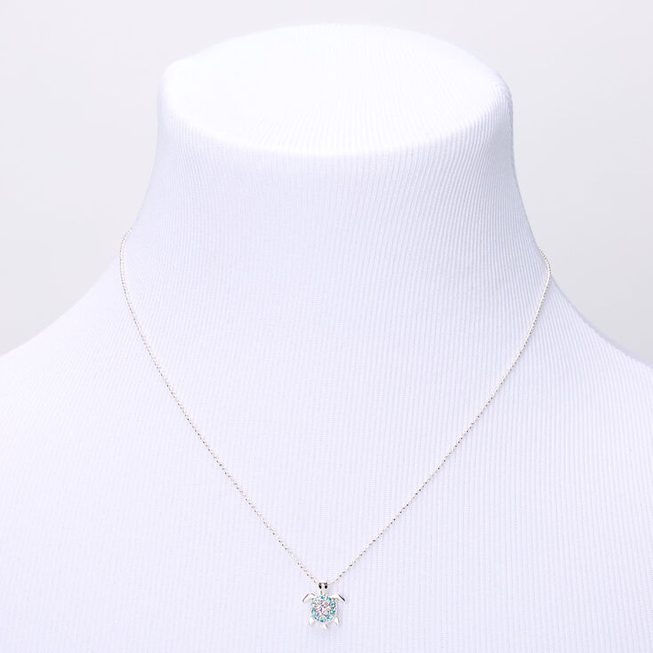 Silver Blue &amp; Purple Embellished Turtle Pendant Necklace,