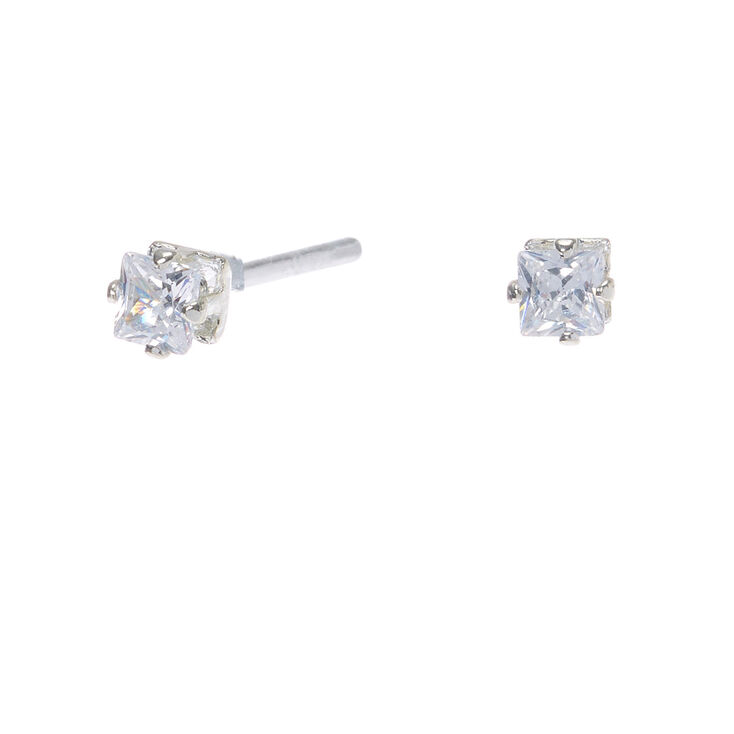 Silver-tone Cubic Zirconia 3MM Square Stud Earrings,