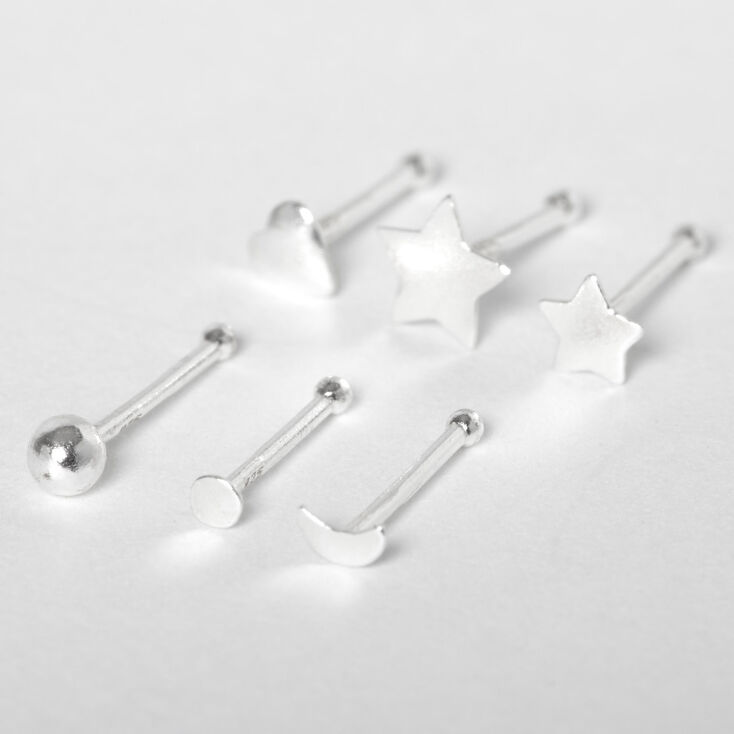Sterling Silver 22G Celestial Shapes Nose Studs - 6 Pack,