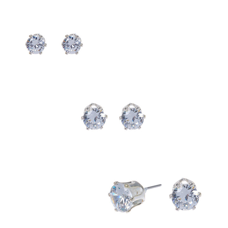 Silver-tone Cubic Zirconia 5MM, 6MM, 7MM Round Stud Earrings - 3 Pack ,