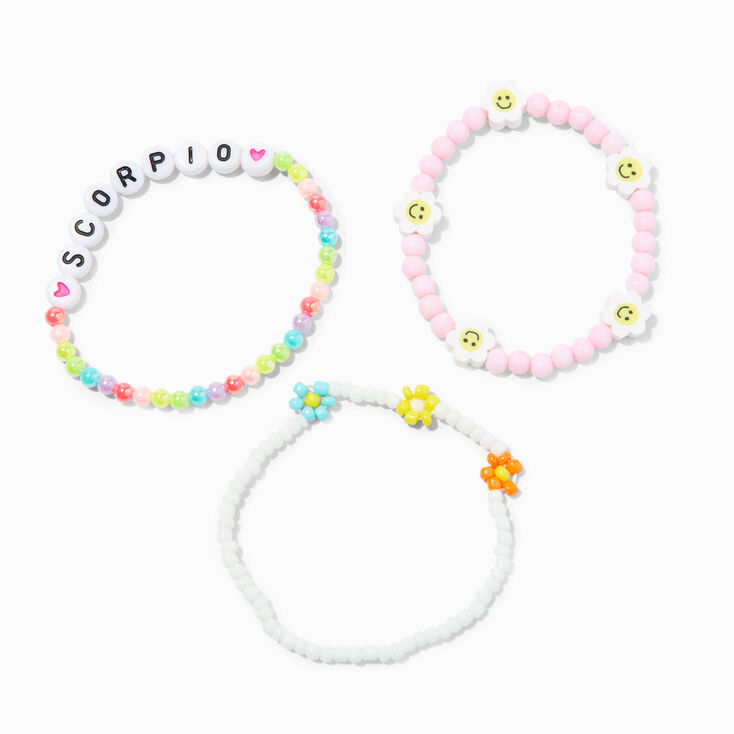 Zodiac Daisy Happy Face Beaded Stretch Bracelets - 3 Pack, Scorpio,