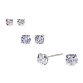 Silver-tone Cubic Zirconia 3MM, 4MM, 5MM Round Stud Earrings - 3 Pack ,