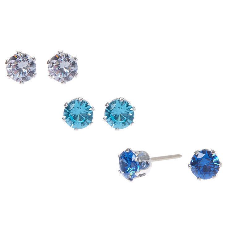 Blue Cubic Zirconia 5MM Round Stud Earrings - 3 Pack,