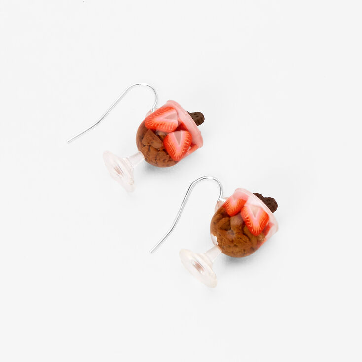 Silver 1&quot; Chocolate Strawberry Parfait Drop Earrings,