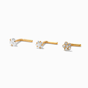 Gold Titanium 18G Flower, Heart &amp; Star Nose Studs - 3 Pack,