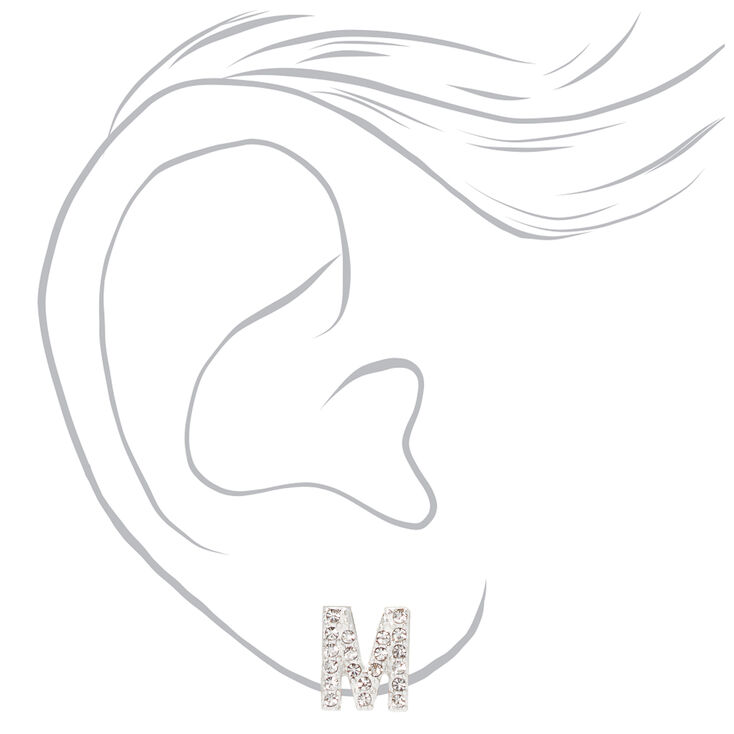 Silver Crystal Initial Stud Earrings - M,