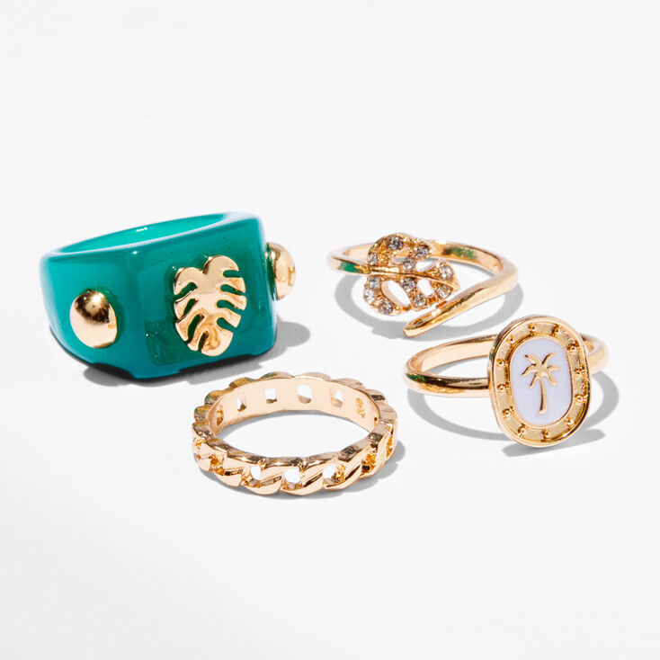 Green Palm Tree Gold Woven Rings Set &#40;4 Pack&#41;,