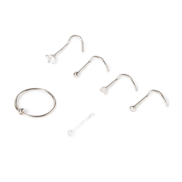 Silver 20G Assorted Nose Ring &amp; Studs - 6 Pack,