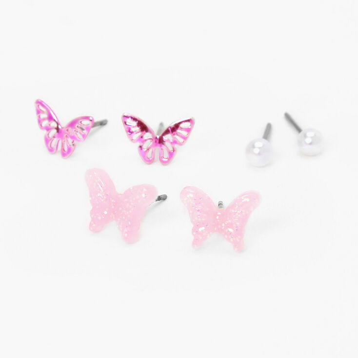 Pink Butterfly &amp; Pearl Stud Earrings - 3 Pack,