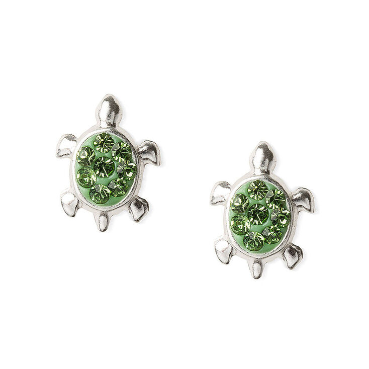 Sterling Silver Embellished Green Turtle Stud Earrings,
