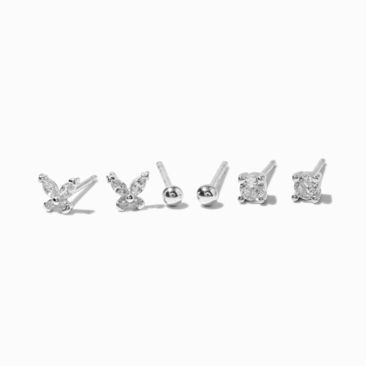 C LUXE by Claire&#39;s Sterling Silver Crystal Butterfly, Crystal Square, &amp; Ball Stud Earrings - 3 Pack,