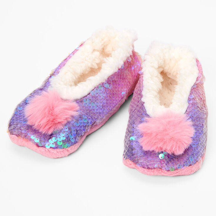 Claire&#39;s Club Sequin Plush Pom Pom Youth Slippers - Pink,