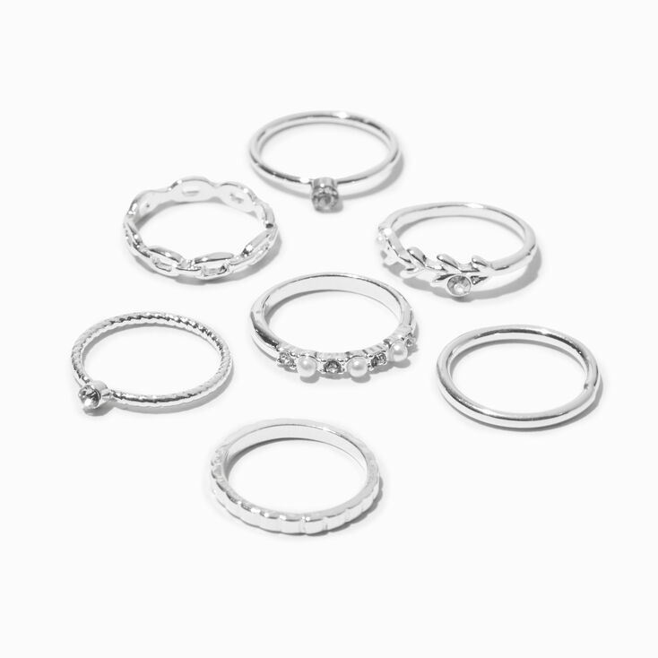 Silver Pearl &amp; Crystal Midi Rings - 7 Pack,